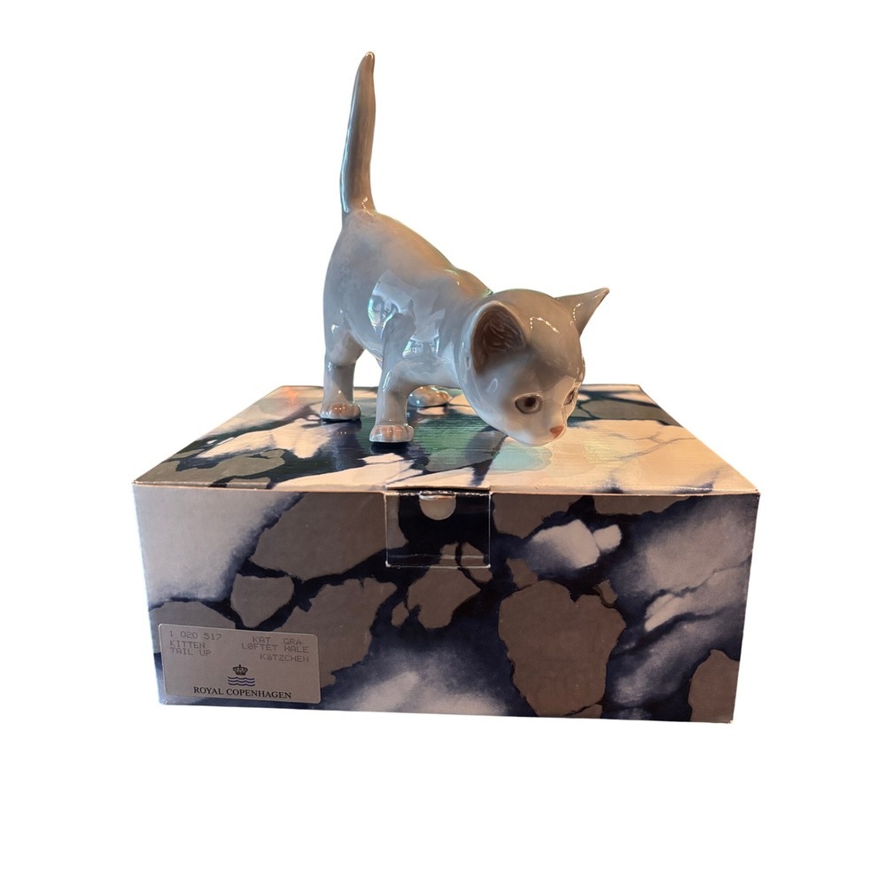 Royal Copenhagen Grey Kitten Tail Up Porcelain Figurine with Box